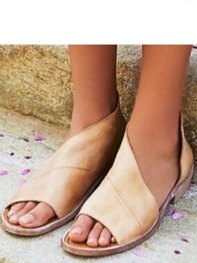 Free People Tan Leather Open-Side Slide Sandals made in Spain